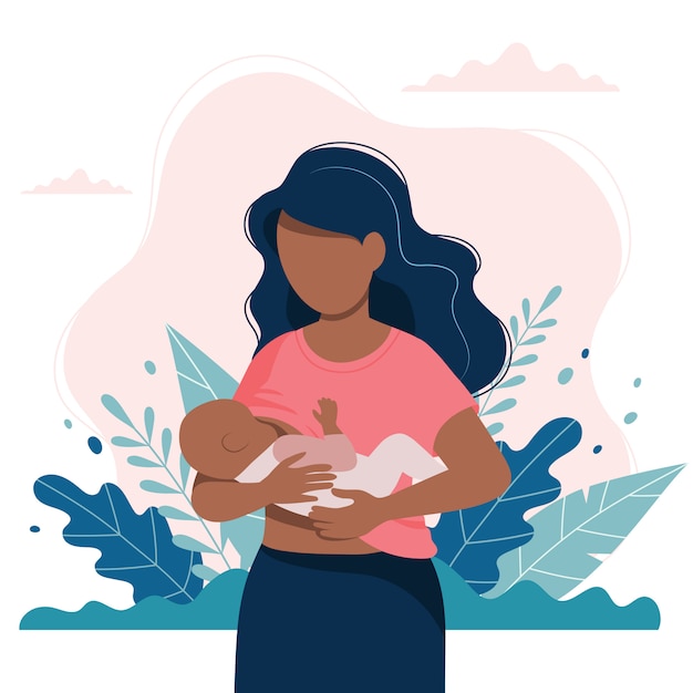 Vector black woman breastfeeding a baby with nature and leaves.