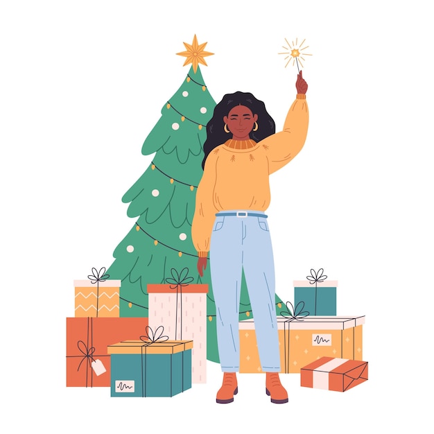 Vector black woman celebrating christmas or new year christmas tree with presents