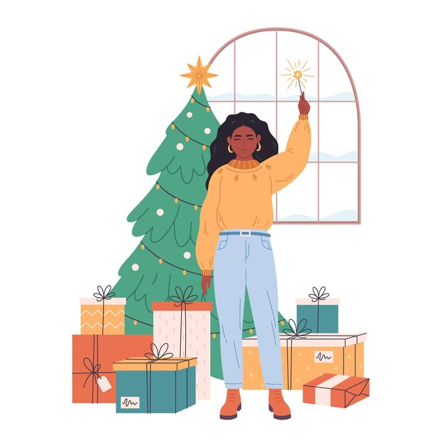 Vector black woman celebrating christmas or new year christmas tree with presents