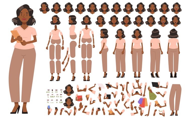 Vector black woman character constructor business secretary set different positions arms legs_ai_generated