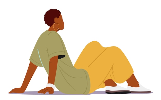 벡터 흑인 여성 캐릭터는 우아하게 바닥에 앉아 있습니다. 그녀의 자세는 편안하지만 자세에 자신감이 있습니다. 그녀는 흰색 배경 만화 사람 벡터 일러스트레이션에 고립된 생각에 빠져 앞을 바라보고 있습니다