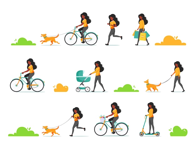 Vettore donna di colore che fa varie attività all'aperto cammina con cane, bambino, bicicletta, scooter, jogging