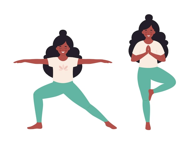 Vector black woman doing yoga. healthy lifestyle, self care, yoga, meditation, mental wellbeing.