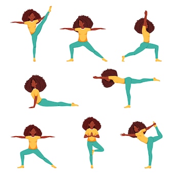 Donna di colore che fa yoga set di pose yoga Vettore Premium