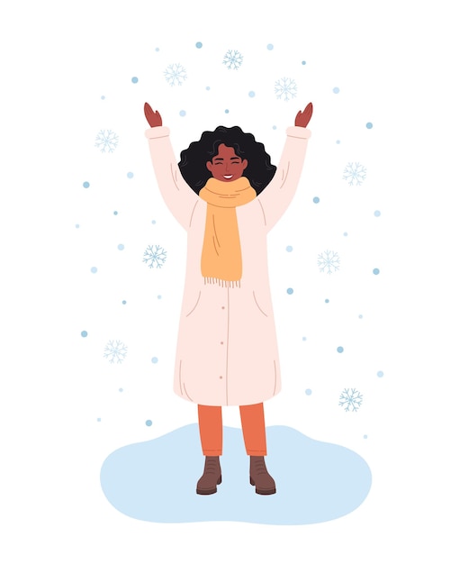 Vector black woman greeting winter season. happy woman playing with snowflakes. hello winter greeting card