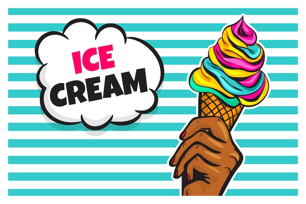 Black woman hand hold cone ice cream in pop art style.