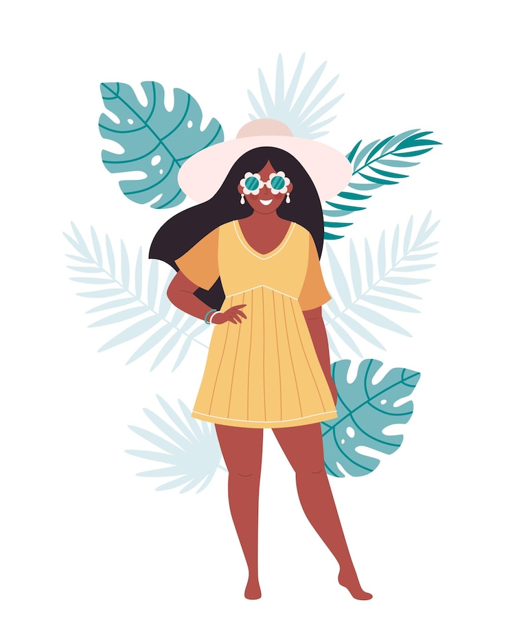 Vector black woman in hat and retro glasses on tropical leaves background hello summer summertime
