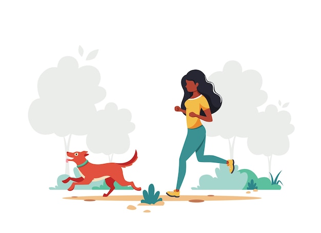 Vector black woman jogging with dog. healthy lifestyle, outdoor activity concept.