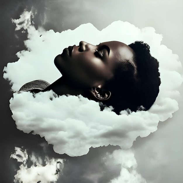 Черная женщина лежит в облаках на светлом фоне