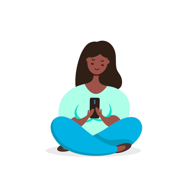 Black woman meditating in lotus pose uses new smartphone.  illustration in flat style.