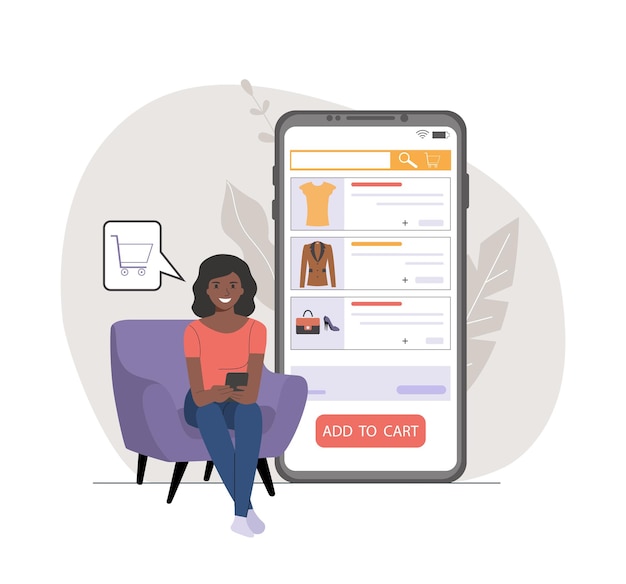 Vector a black woman ordering clothes in online store via smartphone vector illustration