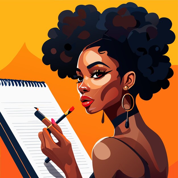 Vector black woman painting hand drawn flat stylish cartoon sticker icon concept isolated illustration