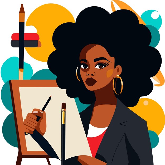 Black woman painting hand drawn flat stylish cartoon sticker icon concept isolated illustration