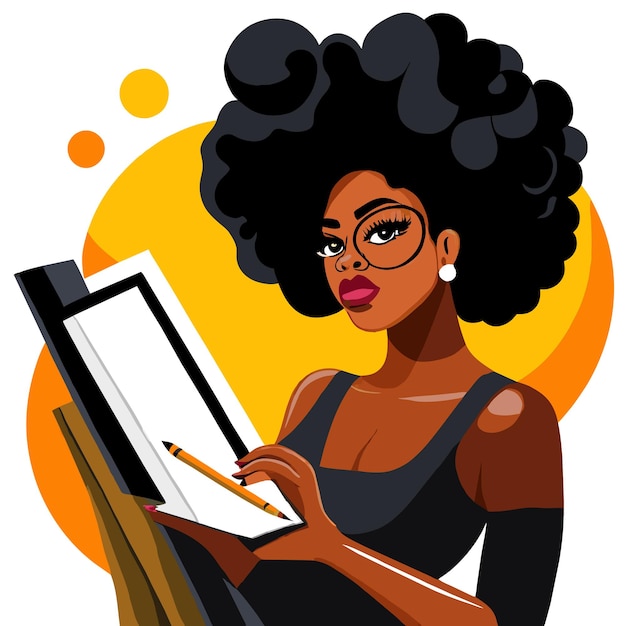 Vector black woman painting hand drawn flat stylish cartoon sticker icon concept isolated illustration