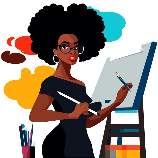 Black woman painting hand drawn flat stylish cartoon sticker icon concept isolated illustration