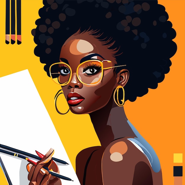 Black woman painting hand drawn flat stylish cartoon sticker icon concept isolated illustration