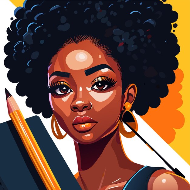 Vector black woman painting hand drawn flat stylish cartoon sticker icon concept isolated illustration