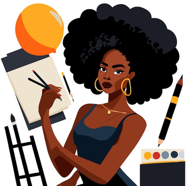 Vector black woman painting hand drawn flat stylish cartoon sticker icon concept isolated illustration