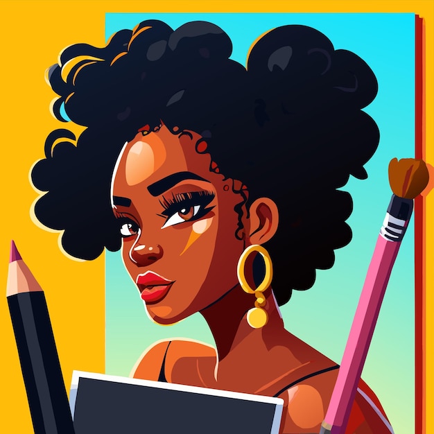 Vector black woman painting hand drawn flat stylish cartoon sticker icon concept isolated illustration