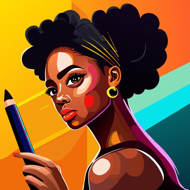 Vector black woman painting hand drawn flat stylish cartoon sticker icon concept isolated illustration