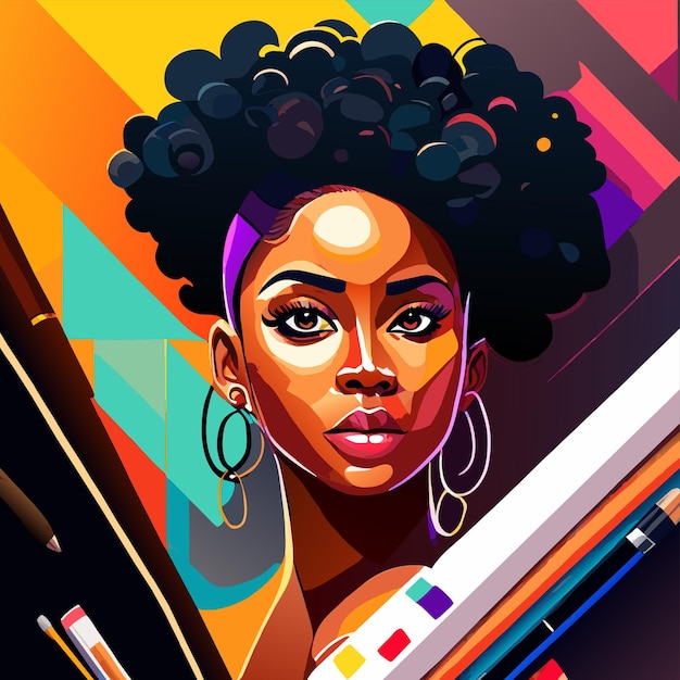 벡터 흑인 여성 그림 손으로 그려진 평평한 세련된 만화 스티커 아이콘 개념 고립된 일러스트레이션