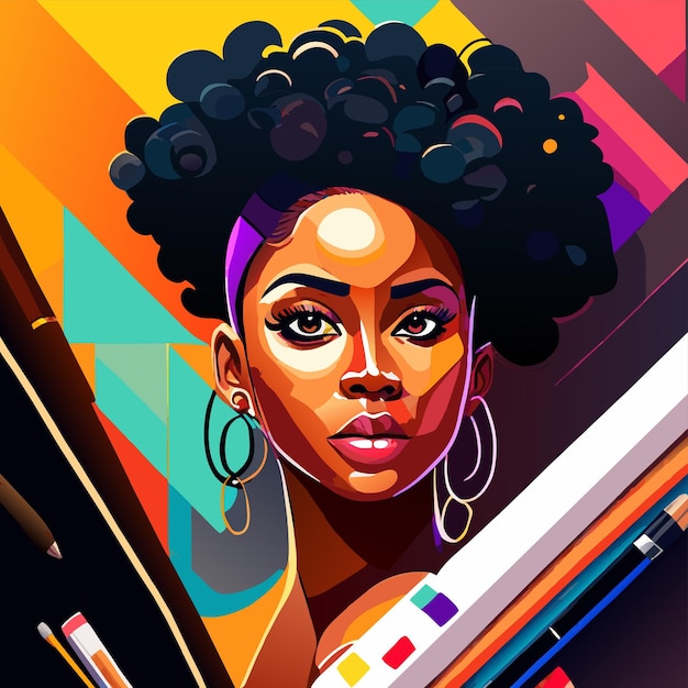 Vector black woman painting hand drawn flat stylish cartoon sticker icon concept isolated illustration