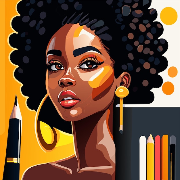 Vector black woman painting hand drawn flat stylish cartoon sticker icon concept isolated illustration