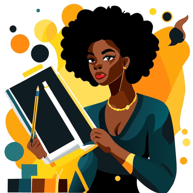 ベクトル 黒人女性の絵画 手描き フラット スタイリッシュな漫画 ステッカー アイコン コンセプト 孤立したイラスト