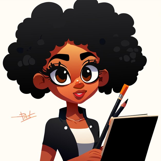 Vector black woman painting hand drawn flat stylish cartoon sticker icon concept isolated illustration