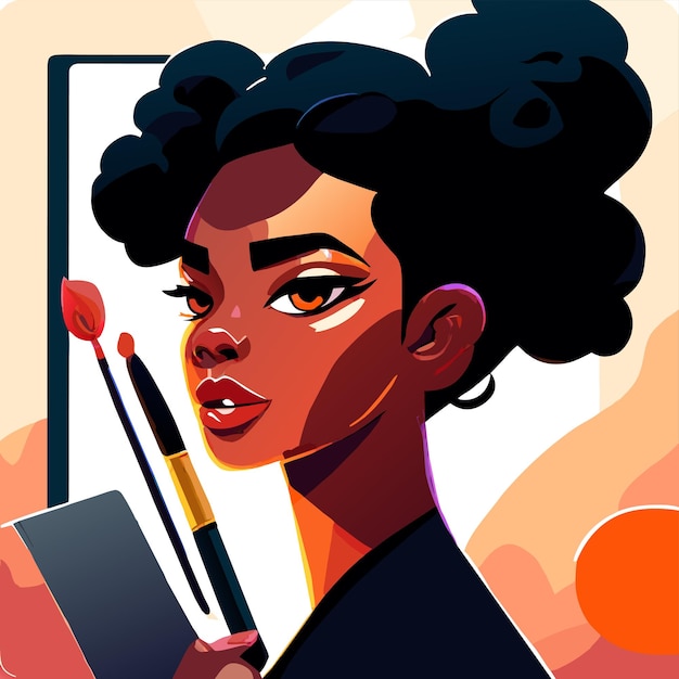 Black woman painting hand drawn flat stylish cartoon sticker icon concept isolated illustration