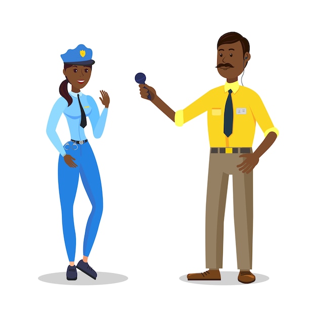 Vector black woman in police uniform and journalist.
