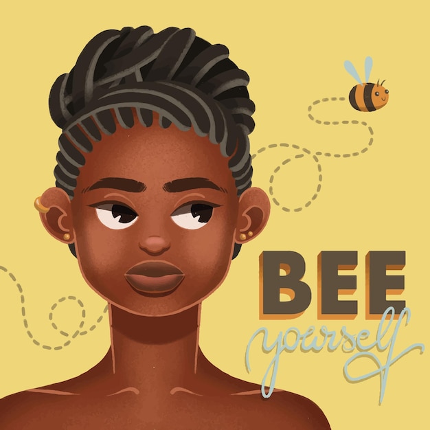 Black woman portrait with bee and lettering illustration