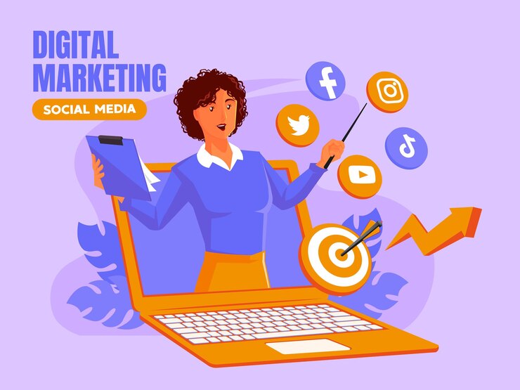 Vector black woman presentation digital marketing social media concept
