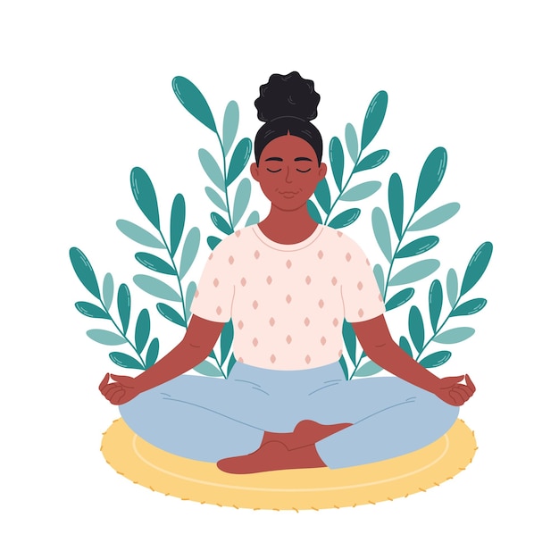 Black woman sitting in lotus pose and meditating on mat. mental\
health care, relaxation, recreation