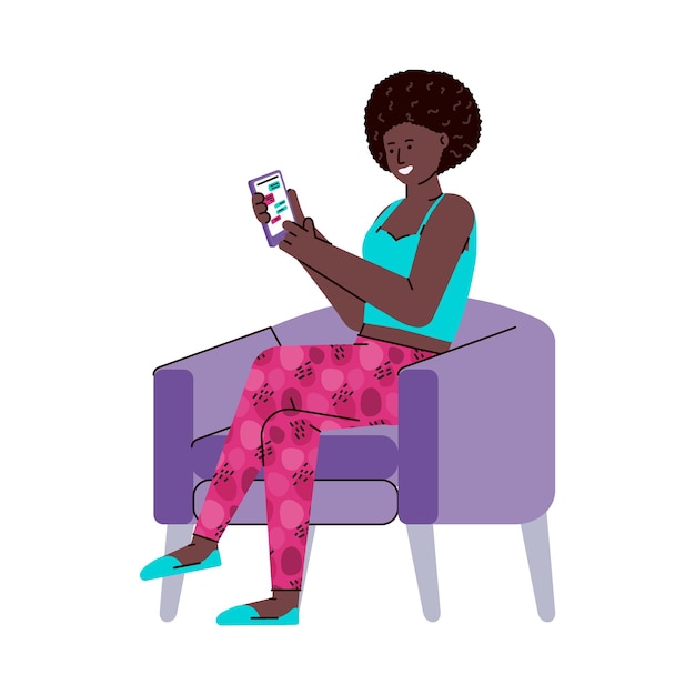 チャットメッセンジャーと電話アプリを使用して椅子に座っている黒人女性
