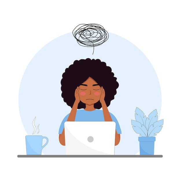 Black woman thinking Vector Flat Illustration. Woman trying to find a solution. Cartoon character.