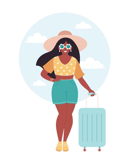 Black woman tourist with travel bag or luggage Summer vacation summer traveling summertime