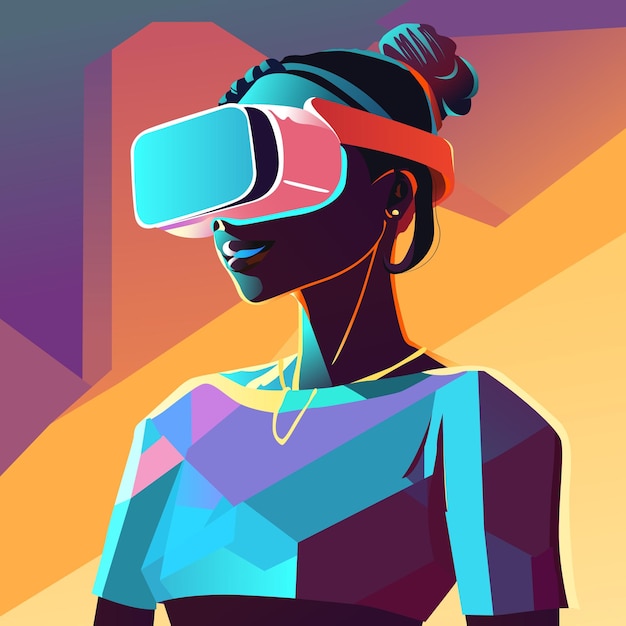 Vector black woman using a vr glass with a low poly background