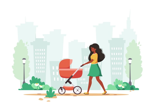 Vector black woman walking with baby carriage in spring