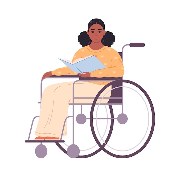 Donna nera in sedia a rotelle con un libro lettura letteratura insegnamento insegnante scolastico bibliotecario busin