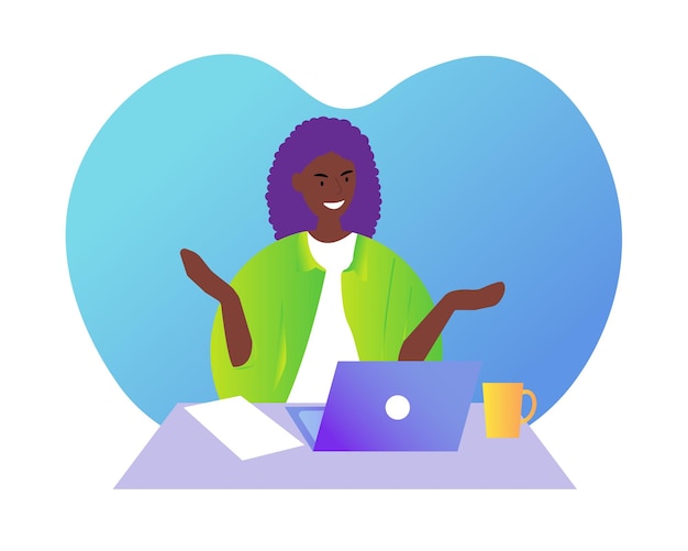 Black woman with laptop concept illustration for working freelancing studying education work from ho