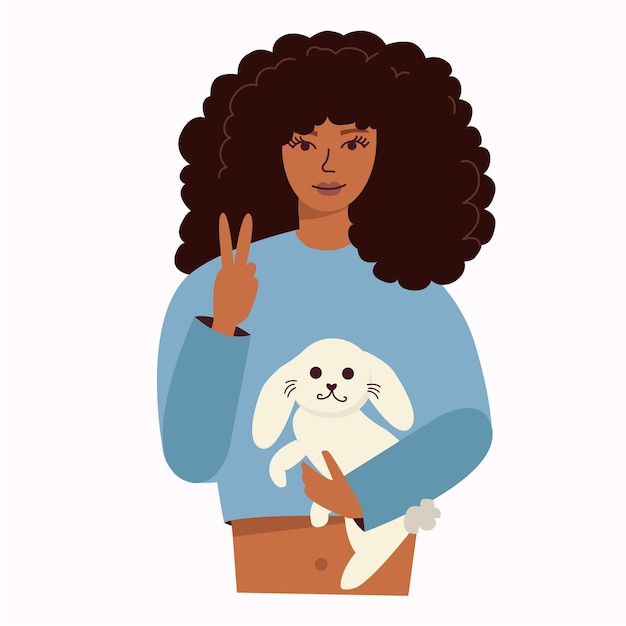 Black woman with a pet rabbit concept of love for animals for a postcard banner website