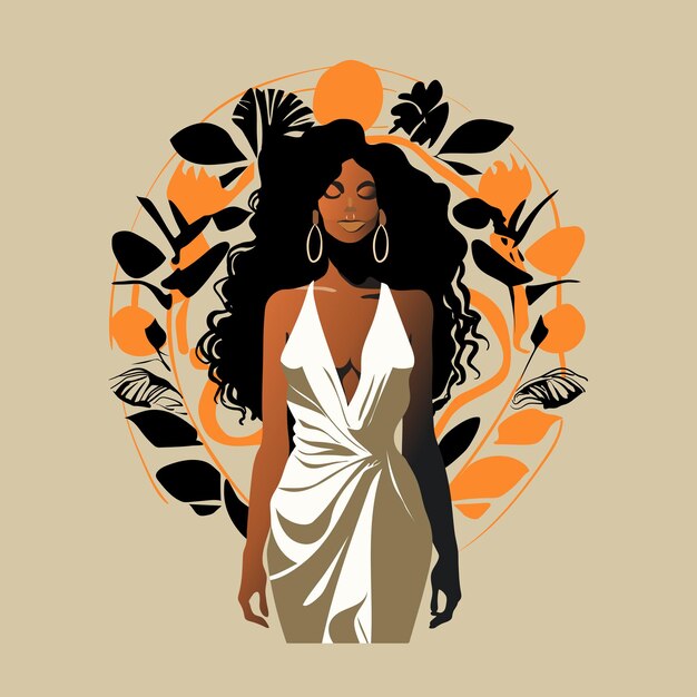 Vector black woman with plants boho style