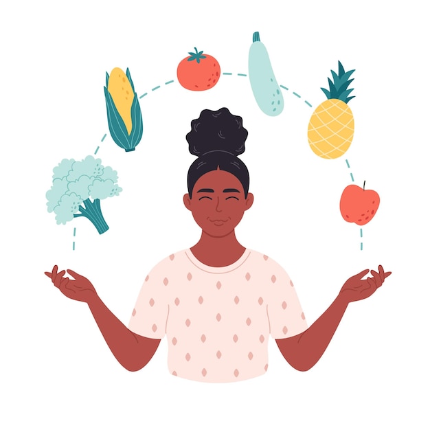 向量的黑人女性与蔬菜和水果健康食品适当的营养素食和纯素食的概念