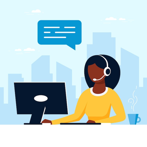 Black woman with with laptop and headphones with microphone. Tech support, assistance, call center and customer service concept. Flat style vector illustration