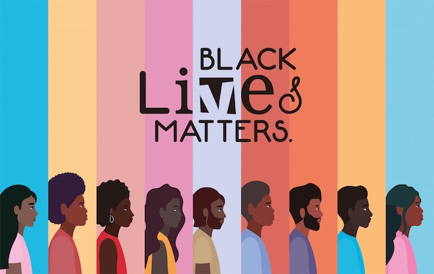 Vector black women and men cartoons in side view with black lives matters text design of protest justice and racism theme