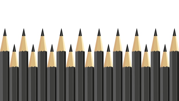 black wooden pencils arranged in bulk on a white isolated background