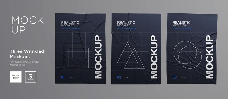 Vector 검은 주름이 있는 포스터 템플릿 세트입니다. 접착 종이. 벡터 현실적인 젖은 주름이 포스터 이랑