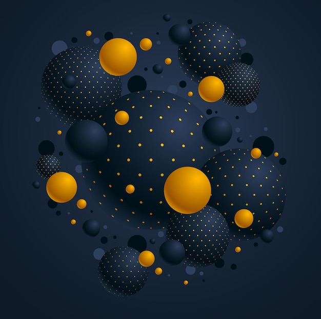 Black and yellow dotted spheres vector illustration, abstract background with beautiful balls with dots, 3D globes design concept art.