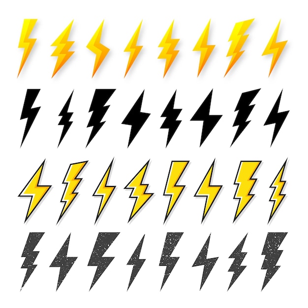 Black and yellow lightning bolt icons isolated on white background vintage flash symbol thunderbolt